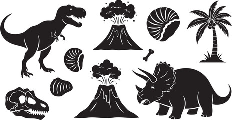 Prehistoric scene featuring dinosaurs volcanoes and fossils in silhouette © Mala