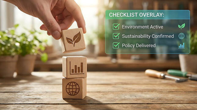 Hand placing wooden block with leaf symbol on stacked eco friendly blocks with graph and globe on a rustic desk with checklist overlay