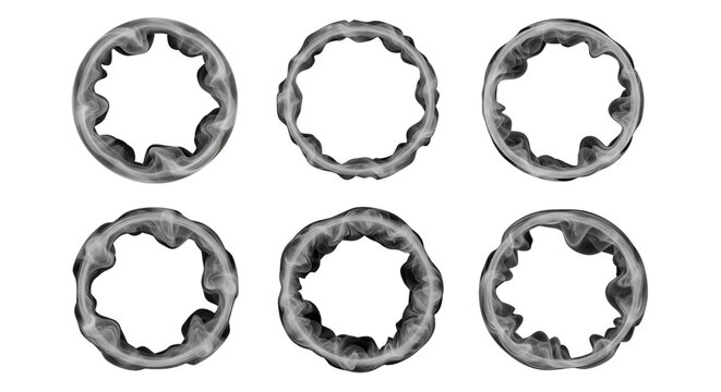 Six grayscale cross-sections displaying complex wavy internal structures, possibly representing fluid dynamics or biological vessels.