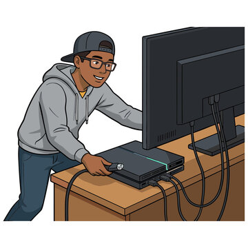Man wearing glasses and backwards cap using gaming console on computer monitor