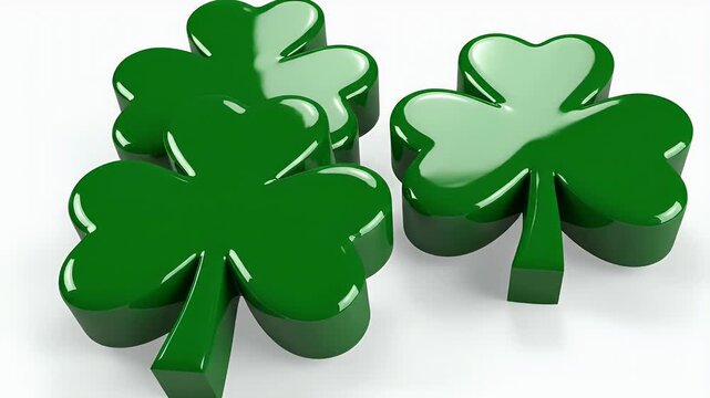 A close-up shot showcases several vibrant green four-leaf clovers arranged on a clean white surface, symbolizing luck and good fortune.