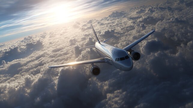Airplane flying above clouds at sunset.