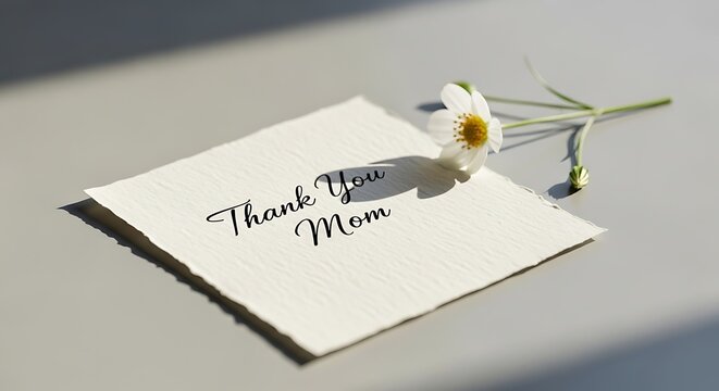 A heartfelt 'Thank You Mom' card with a delicate white flower, expressing sincere appreciation and love on a special day or just because