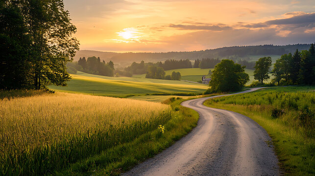 Scenic Country Road Winding Through Golden Fields at Sunset.