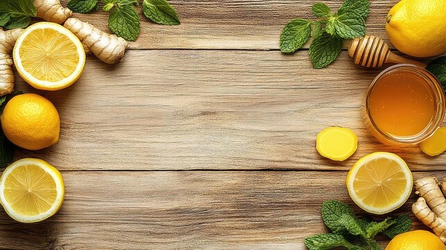 Bowl with honey, lemon, mint, ginger and turmeric on a wooden background top view with space for text