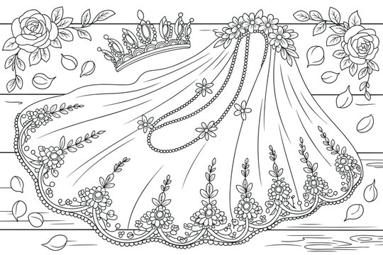 Elegant Muslim Bridal Veil and Crown Line Art Illustration for Coloring Page