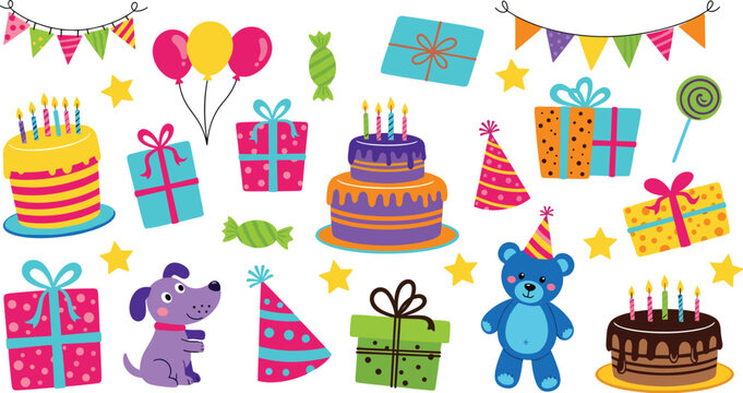 Colorful Kids Birthday Party Collection with Cake Gift Balloon Bear Dog and Bunting Vector Illustration Set