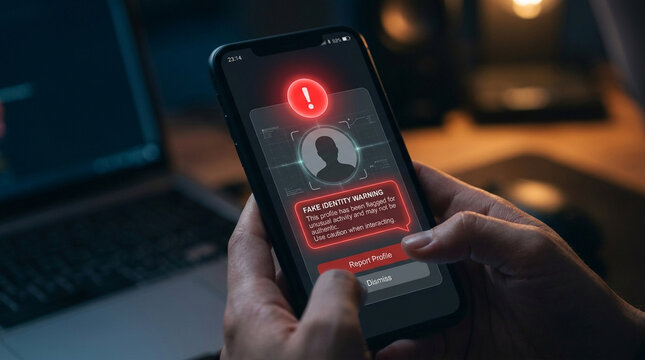 Fake identity warning screen on smartphone with anonymous profile and alert icon, online scam caution, dark room, hands holding device