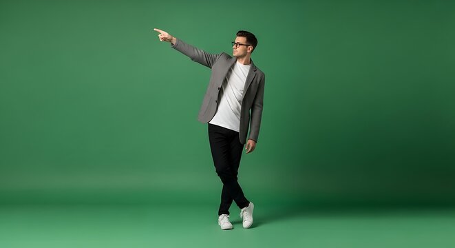 A young man wearing glasses a gray blazer and black pants confidently points to the side with his right arm extended indicating direction or an idea against a solid green backdrop suggesting