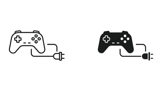Vector illustration of gaming controllers with power cords in black and white