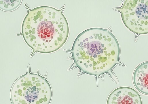 Microscopic depiction of amoeba cells in various stages of division and structure