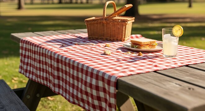 Picnic Setup With Checkered Tablecloth And Basket On Outdoor Wooden Bench