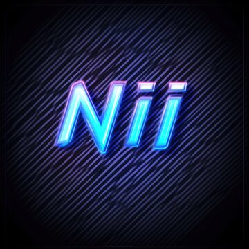 Illuminated blue and purple text "Nii" with neon glow, set against a dark textured background