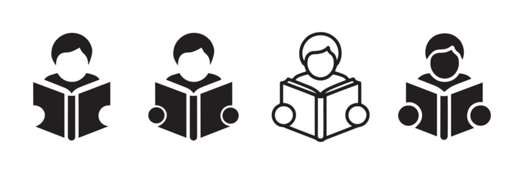 Person reading book icon set representing literacy education and study in vector format.