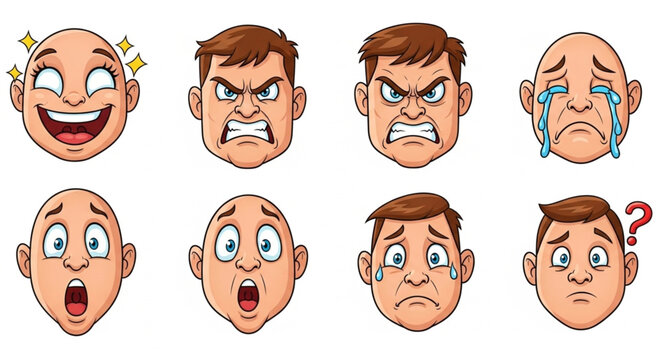 Collection of cartoon faces expressing various emotions like joy anger sadness surprise and confusion.