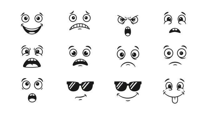 Collection of Cartoon Faces Expressing Various Emotions.
