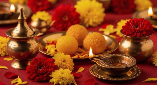 Hanuman Puja Thali with Diyas and Prasad Sweets