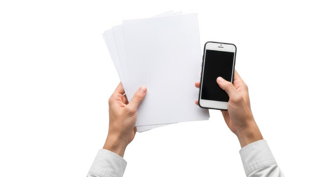 person holding papers and smartphone isolated on transparent background