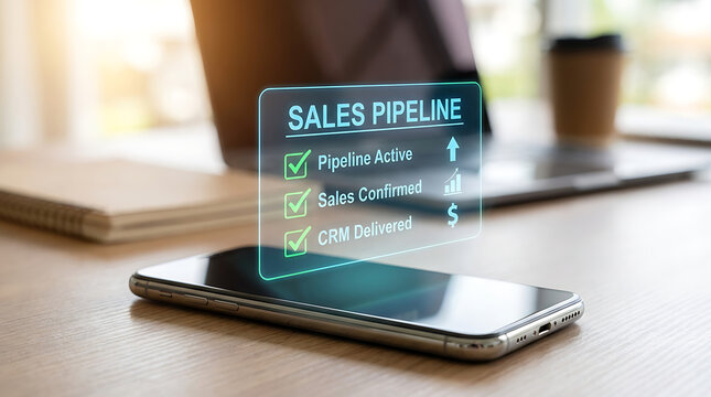 Smartphone displays sales pipeline on screen with checklist on wooden desk in office setting with blurred background