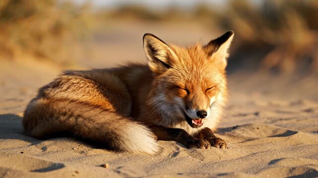 Small red fox with fluffy orange fur and a white-tipped tail curled up and resting on a sandy desert dune during golden hour, highlighting detailed coat texture and black paws.