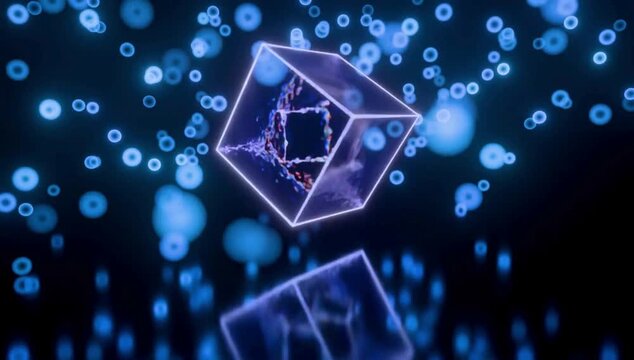 A futuristic DNA helix model floats within a transparent cube surrounded by glowing blue orbs.