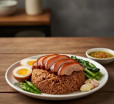 Delicious Thai braised pork leg served over rice with boiled eggs, kale, and garlic on a wooden table. Authentic Asian comfort food for lunch or dinner.