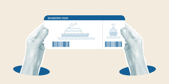 Collage concept with human halftone hands holding cruise ticket with barcode and cruise ship icon. Blank boarding pass template in vintage retro style. Travel vector illustration