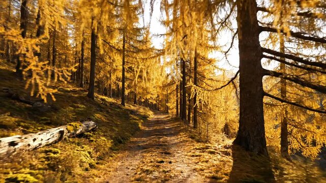 Narrow dirt hiking trail winding through a dense forest of vibrant golden yellow larch trees with bright sunlight filtering through autumn branches in a mountain landscape.
