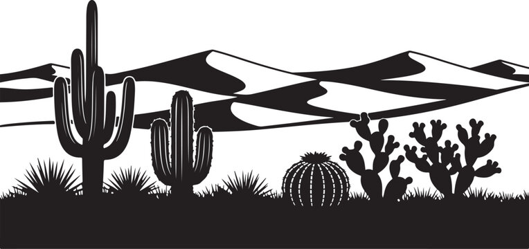 Desert landscape, black silhouette, cactus icons, vector graphics, desert plants, landscape border