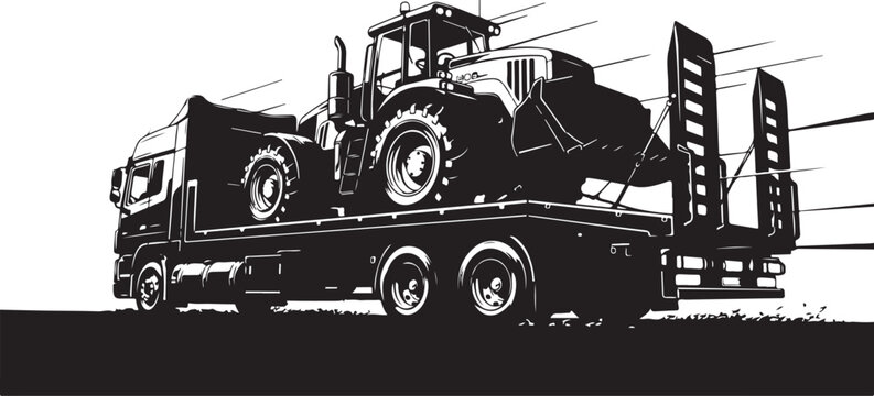 Black, industrial tractor trailer transport, heavy equipment hauler, silhouette illustration