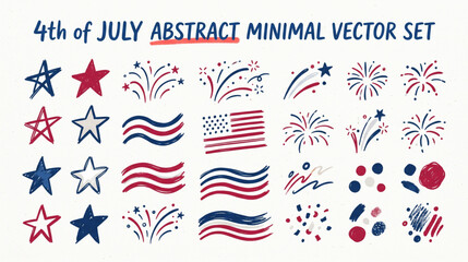 Fototapeta premium Hand drawn abstract minimal element 4th of july vector set. Aesthetic contemporary blue, red and white set