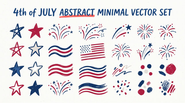 Hand drawn abstract minimal element 4th of july vector set. Aesthetic contemporary blue, red and white set
