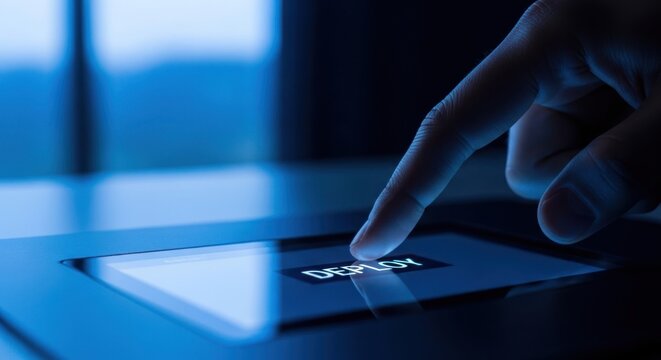 Finger pressing digital deploy button on futuristic touch screen interface, for strategic launch, system activation, technical execution, start business process