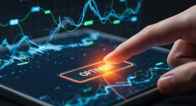 Finger pressing optimize button on digital tablet screen with financial data charts, for business growth, efficiency, strategic planning, professional corporate success