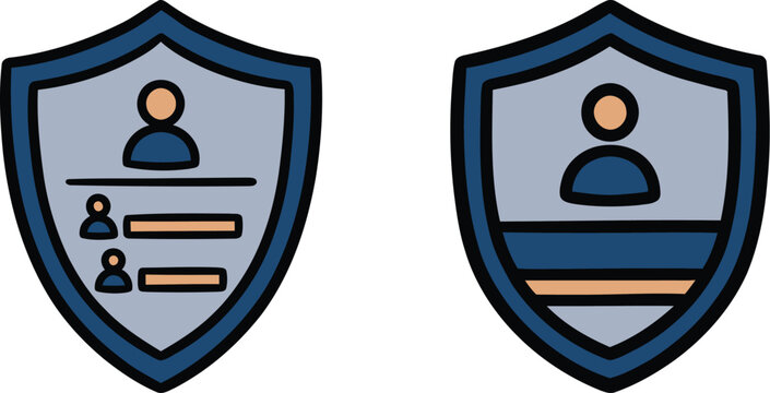 Two hand-drawn security shield icons represent digital user privacy protection and account identity safety for web authentication and cyber data management system applications.
