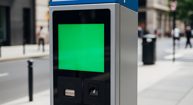 A parking payment machine stands on a city sidewalk with people walking.