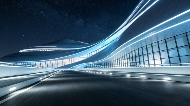 AI-generated futuristic streamlined architecture with blue light trails, abstract night background