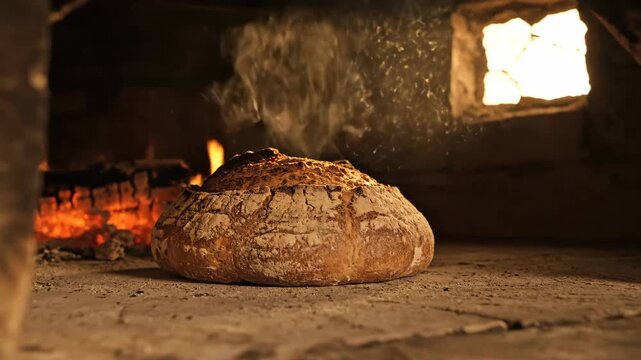 Artisan bread baking in a rustic wood fired stone oven with fire