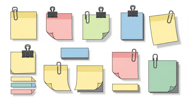 Collection of colorful sticky notes and paper clips.