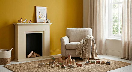 Naklejka premium A cozy nursery room with a fireplace, a comfortable armchair draped with a blanket, and a collection of wooden animal toys 