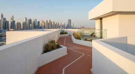 Obraz premium A rooftop running track with a view of the Dubai skyline.