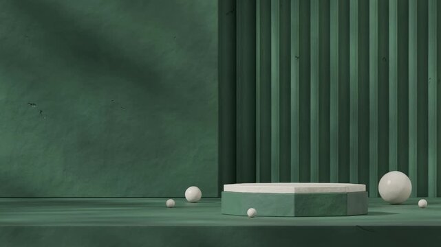 seamless shadow animation looping with sphere and patterned wall, rendering 3d footage blank mockup of white green hexagon podium