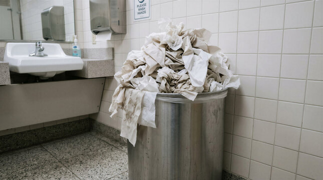 Overflowing trash can filled with paper towels in restroom  