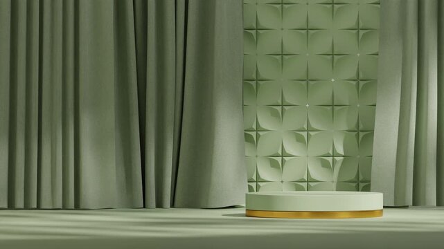 green and gold podium seamless shadow animation looping with patterned wall and curtain, 3d video rendering blank mockup