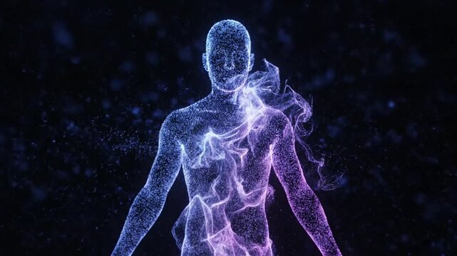 Glowing particles form a human silhouette in a dark space, visualizing data flow, digital identity, and abstract AI presence in a cinematic scene.