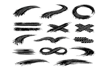Car wheel tire trails, grunge brush texture silhouette. Rally road drift trace mark, speed race design vector set © Bibi
