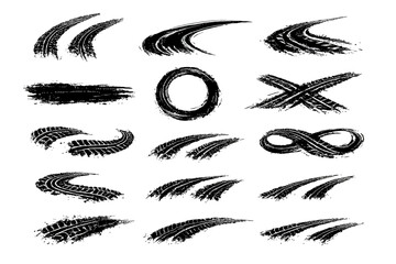 Car wheel tire trails, grunge brush texture silhouette. Rally road drift trace mark, speed race design vector set © Bibi