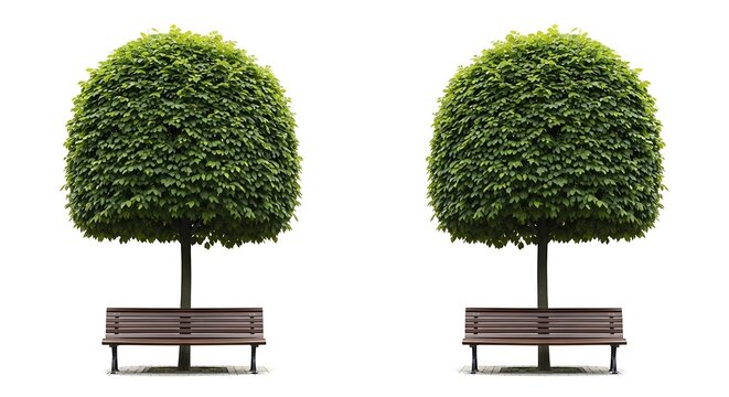 Two rounded green trees with wooden benches