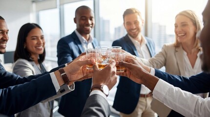 Fototapeta premium Diverse business people toast with whiskey glasses in office for success