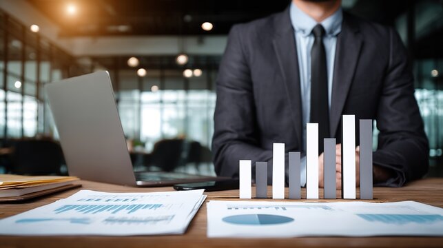 Strategic Planning: A business executive meticulously reviews charts and graphs in a modern office setting. the epitome of corporate acumen and the pursuit of strategic success.